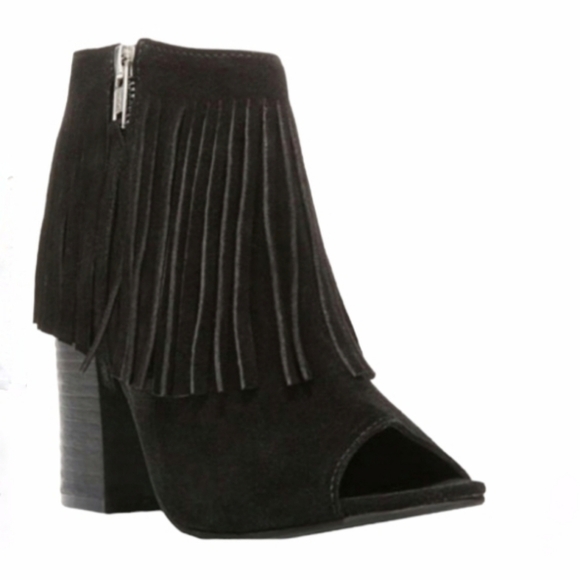 CARLOS SANTANA Jasper Black Suede Fringe Peep Toe Booties 6. - Picture 1 of 8
